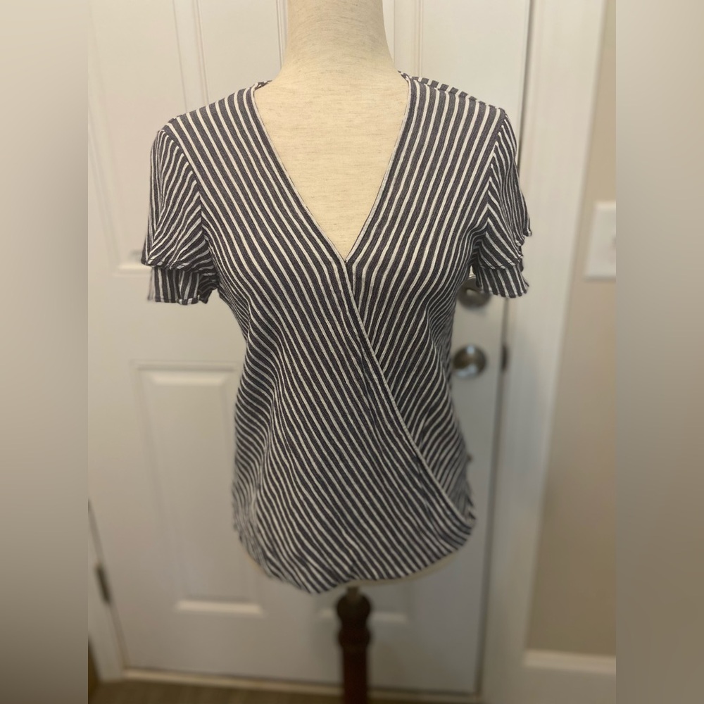 Michael Kors Dark Navy and White Striped V-Neck Blouse NWOT
